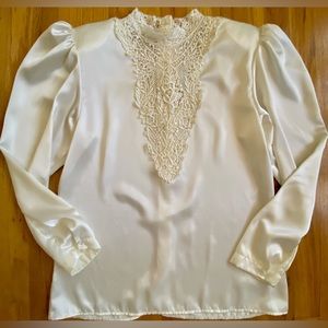 Vintage Embellished Victorian Blouse *Size 6* SAN ANDRE Ivory Silky 80s Top
